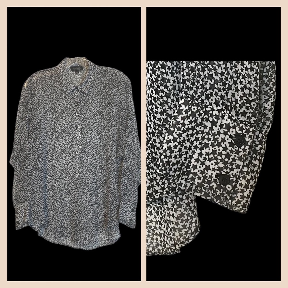 ‼️SOLD💕🔥 TOPSHOP EUC Women 6 Semi-Sheer Hi-Lo Black White Star Pattern Blouse - Picture 5 of 16